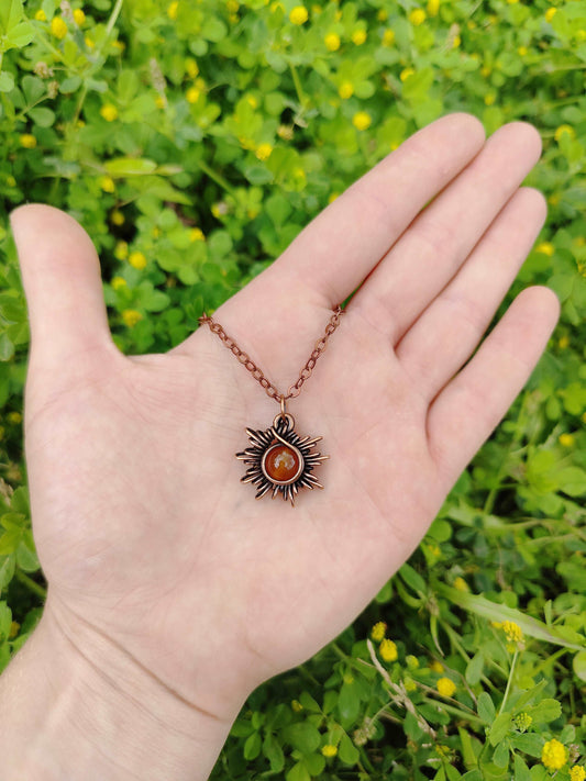 Small antique copper carnelian sun necklace. Wire wrap orange carnelian crystal sun pendant. Cute, cottagecore, witchcore aesthetic. 