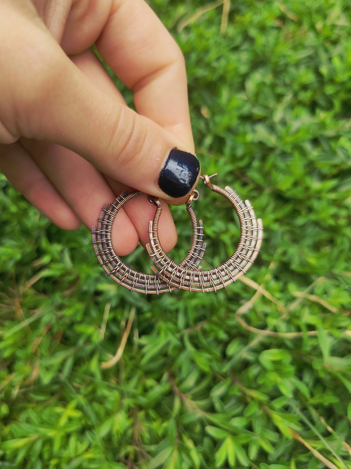 Industrial woven hoop earrings. Hand wrapped using antiqued copper wire. Inspired by tribal, tekno jewellery. 