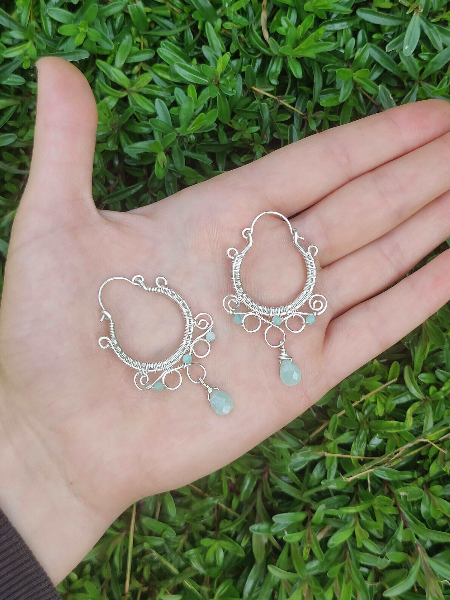Handmade sterling silver filled hoop earrings. Made using blue amazonite crystal beads to give you that perfect boho hippie vibe.. MAde using wire wrapping and wire weaving techniques.