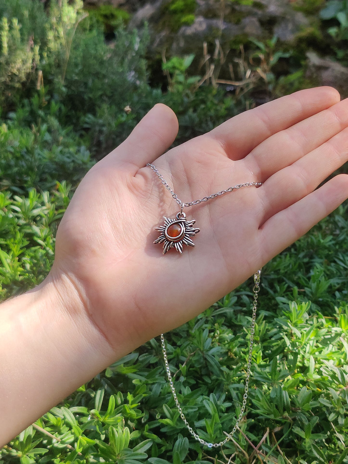 Small Carnelian Sun Pendant - Bright or Antique Silver