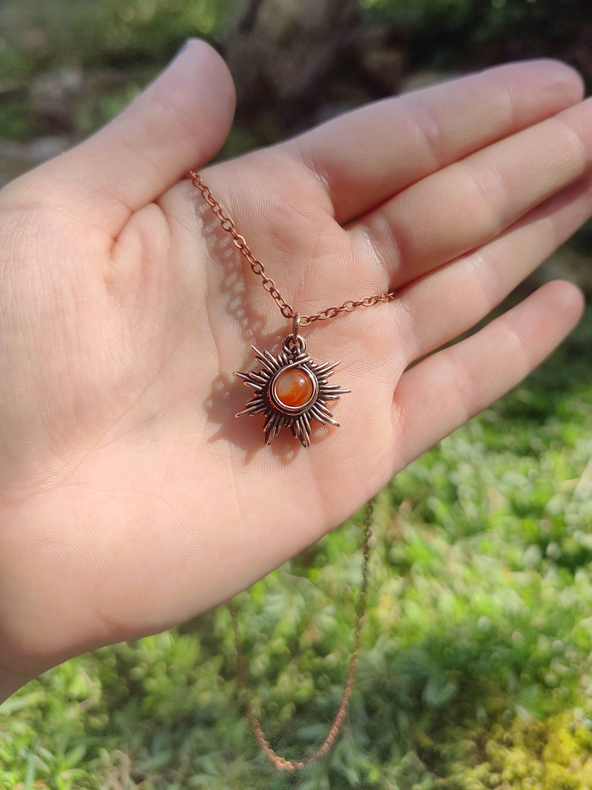 Handmade red crystal sun pendant, made with carnelian stone and antique copper wire. Beautiful summery pendant, for any nature lover, boho hippie.